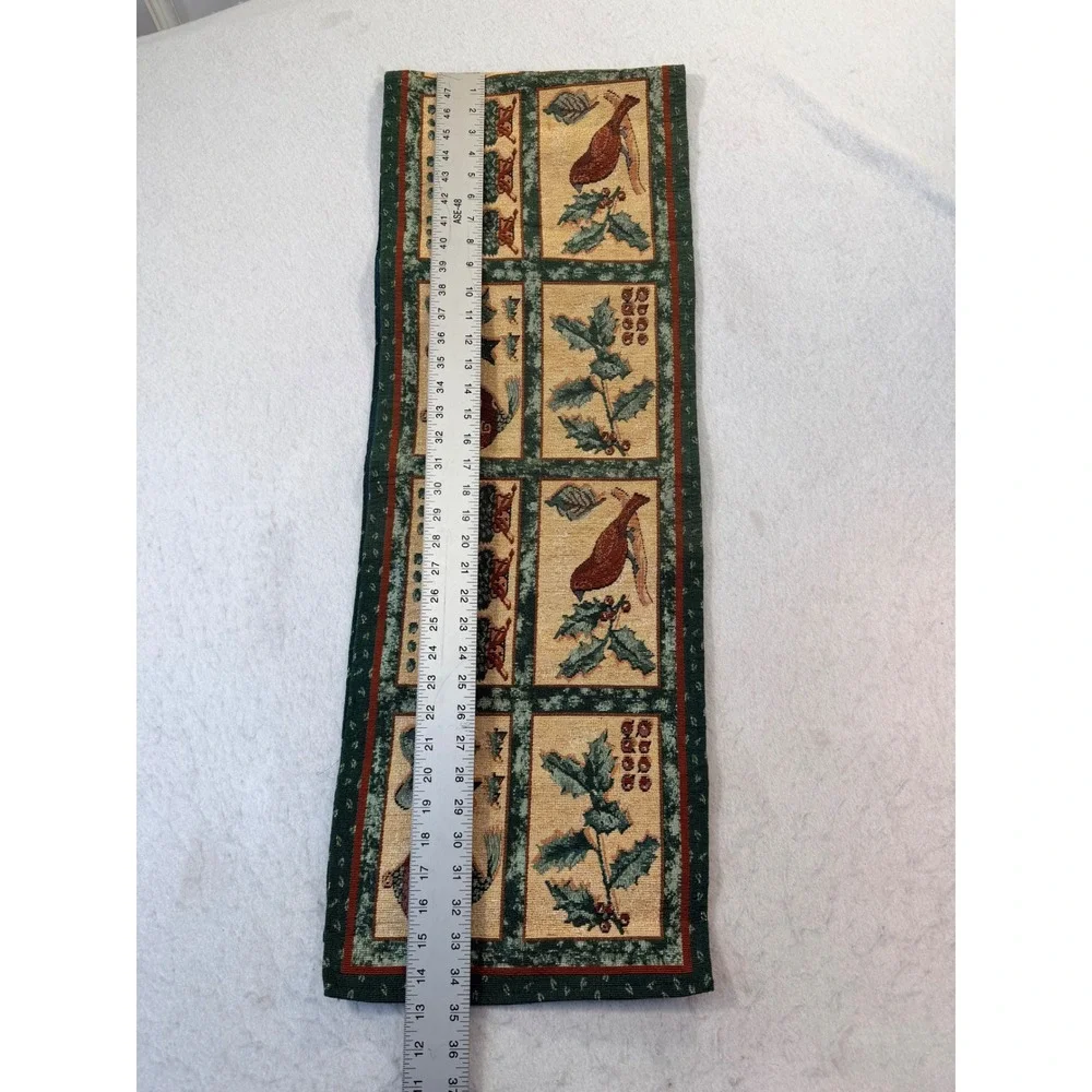 Christmas Woven Tapestry Table Runner Cardinal Holly Tree Green Red 12x 70